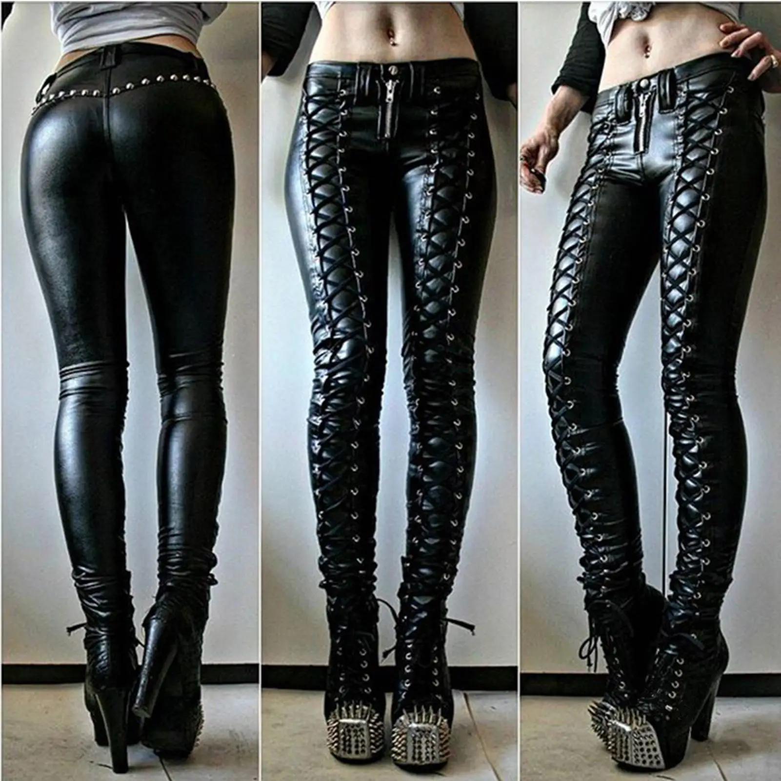 

Steampunk Women Faux Leather Pants Carnival Party Skinny Button Trousers woman pants mujer pantalones 2020